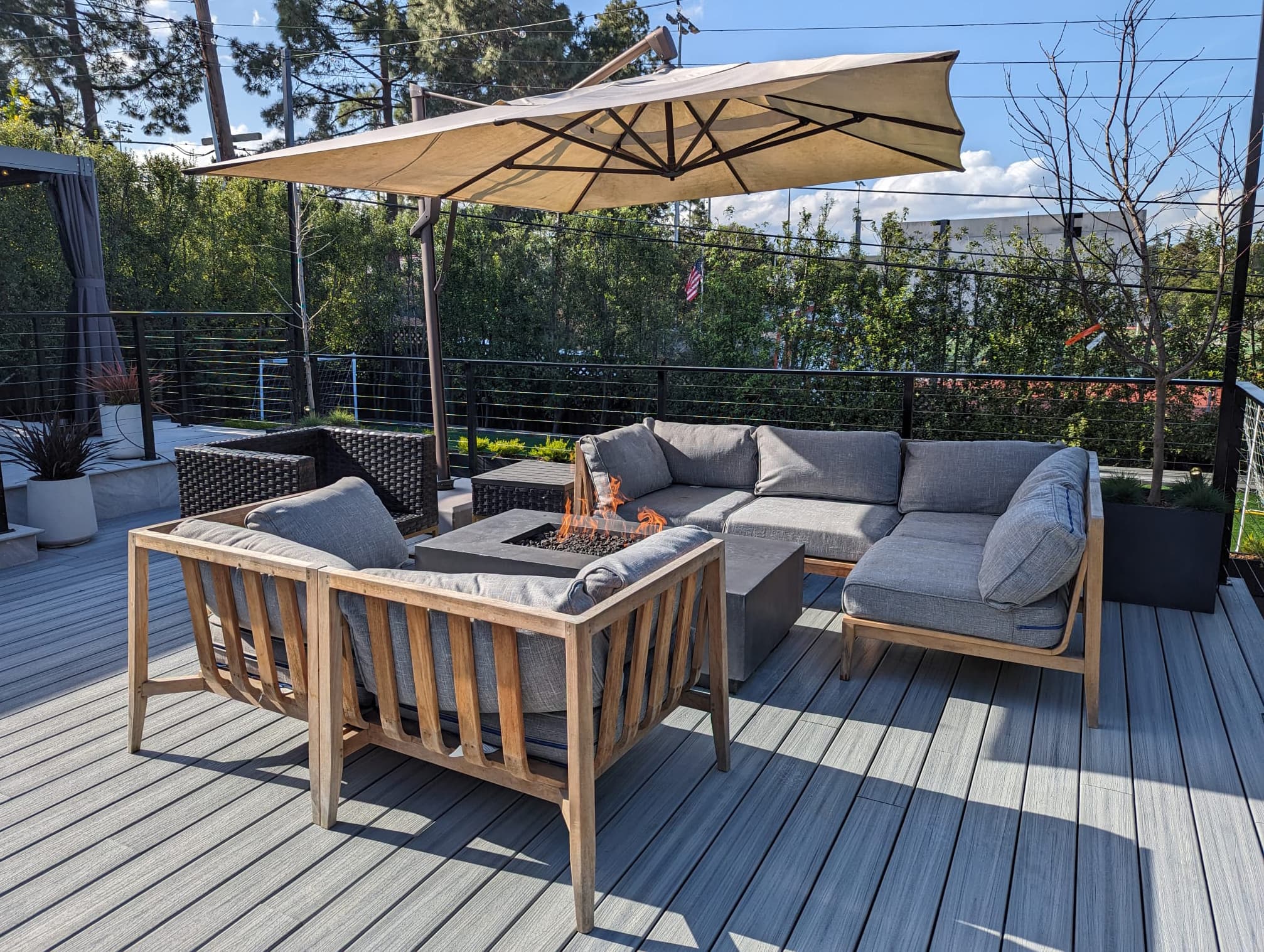 Composite deck, fire pit, cable railing