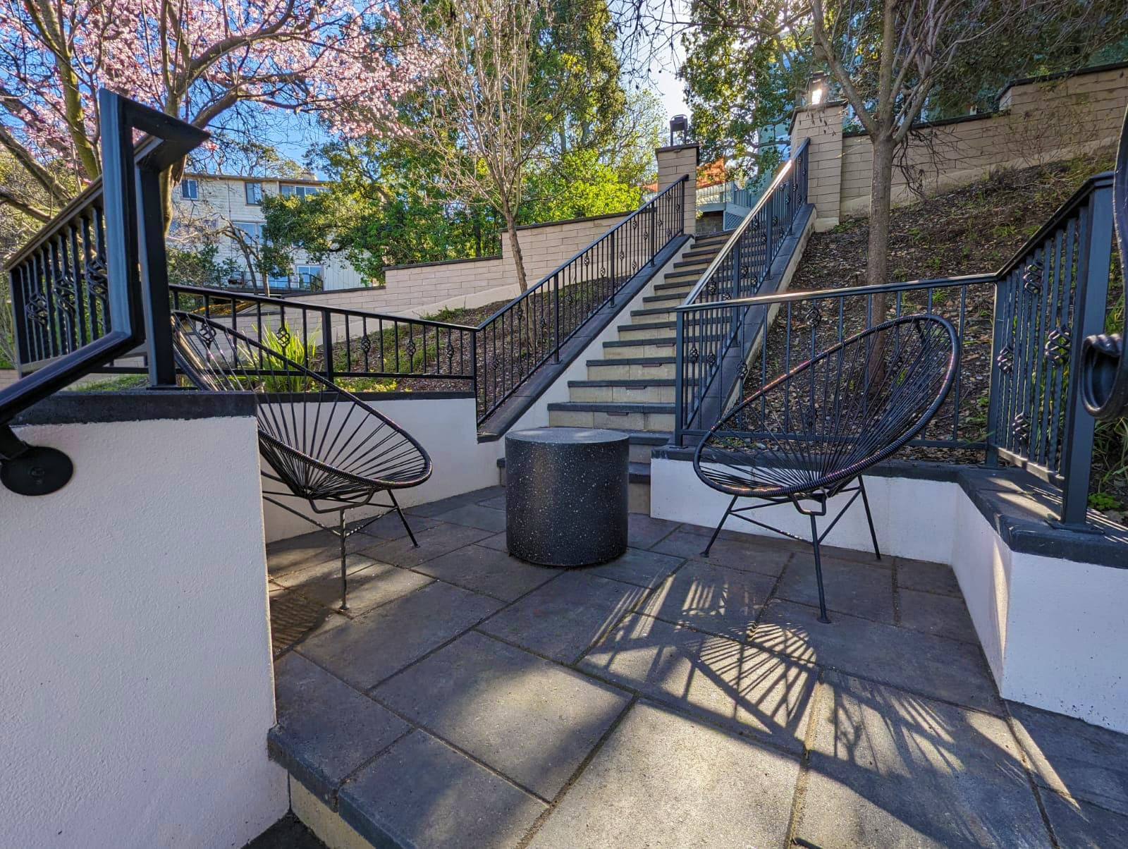 Stair case, step lights, metal railing